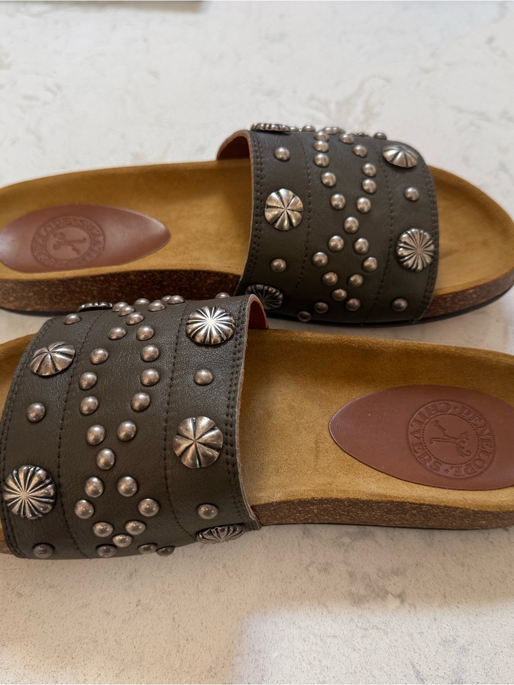 Penelope Chilvers Olive Green Studded Slide Sandals